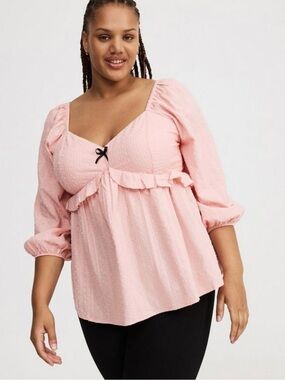 Pink V-neck Peplum Babydoll Top with Puff Sleeves